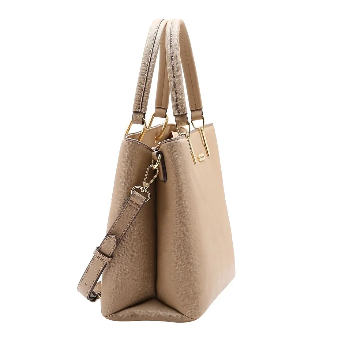 Bolsa Chenson bege vista lateral mostrando alça ajustável e detalhes metálicos dourados
